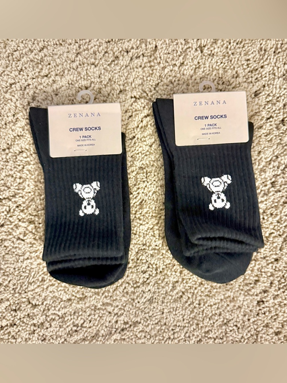 Zenana Outfitters Black Crew Socks with White Bear Accent - 2 Pack